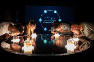 Guest deeply inhaling the aroma of red wine during an immersive tasting session.