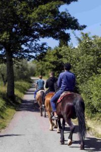 Riders on small group horseback tour through Chianti hills