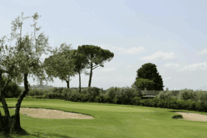 A challenging golf hole with a sand bunker, a red flag marking the 15th hole, and surrounding olive trees and greenery under a clear sky.