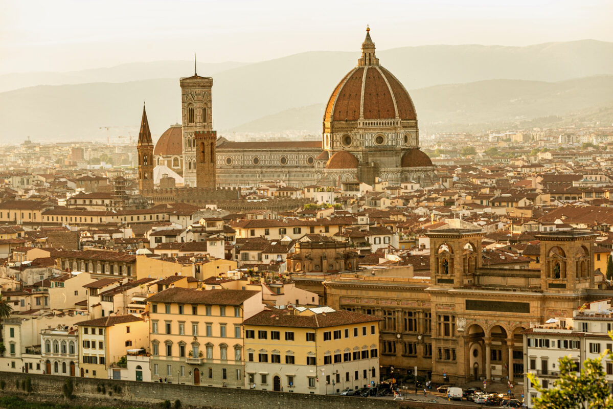 Florence Cathedral and city skyline at sunset, viewed from above, Tuscany