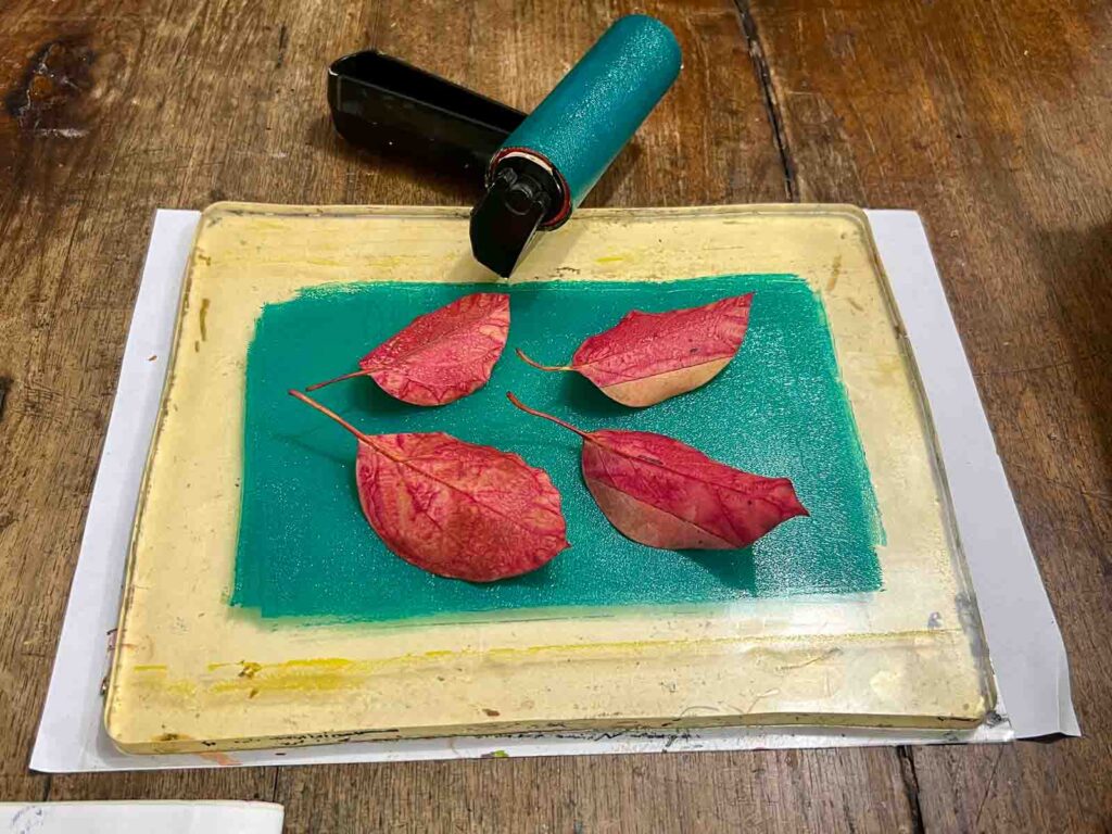 Teal acrylic color with red leaves on the gel plate at a creative workshop for kids Florence