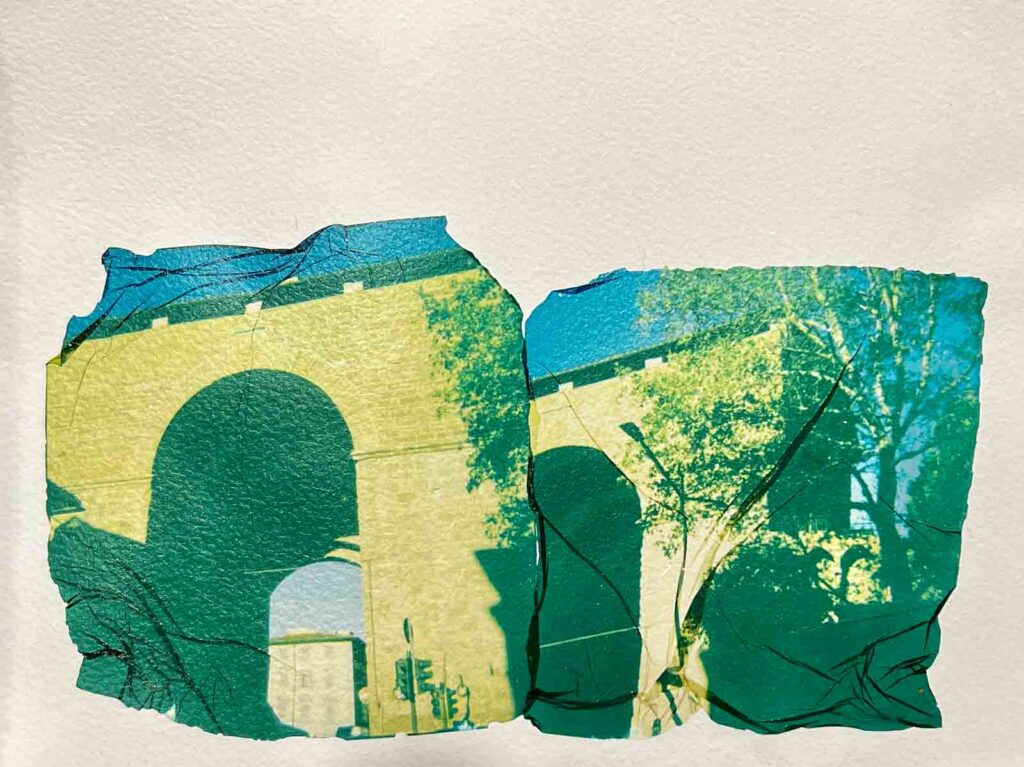 Finished Polaroid emulsion lift transfer of a Florence arch in teal tones on watercolor paper, Fatacadabra