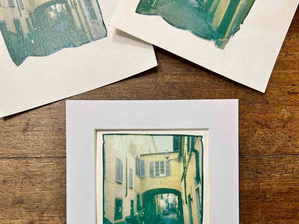 Polaroid emulsion lift transfer of a Florence street mounted in passe-partout from the Polaroid emulsion lift Florence experience