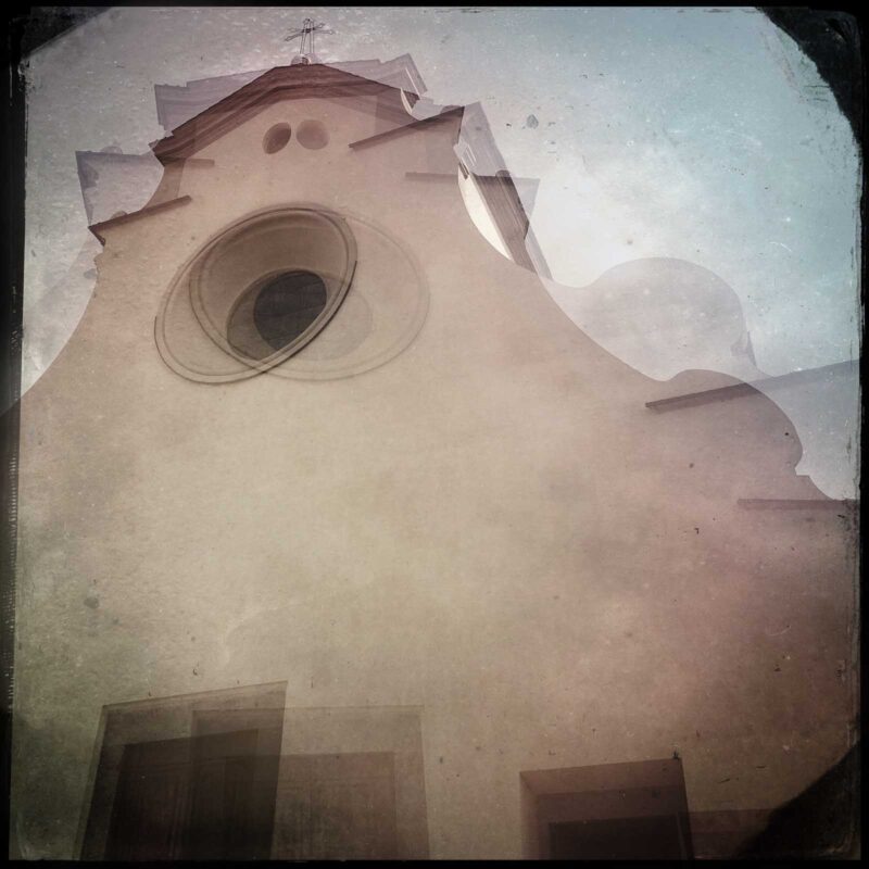 Double exposure photograph of Santo Spirito church facade in Florence from the multiple exposure photography Florence experience