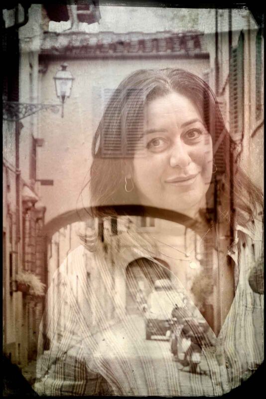 Double exposure portrait of a woman merged with a Florence street scene at a creative photography Florence session