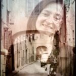 Double exposure portrait blending a smiling woman with a Florence alleyway at the double exposure workshop Florence