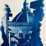 Finished cyanotype print of Florence cathedral in deep Prussian blue, handmade at the cyanotype workshop Florence, Fatacadabra