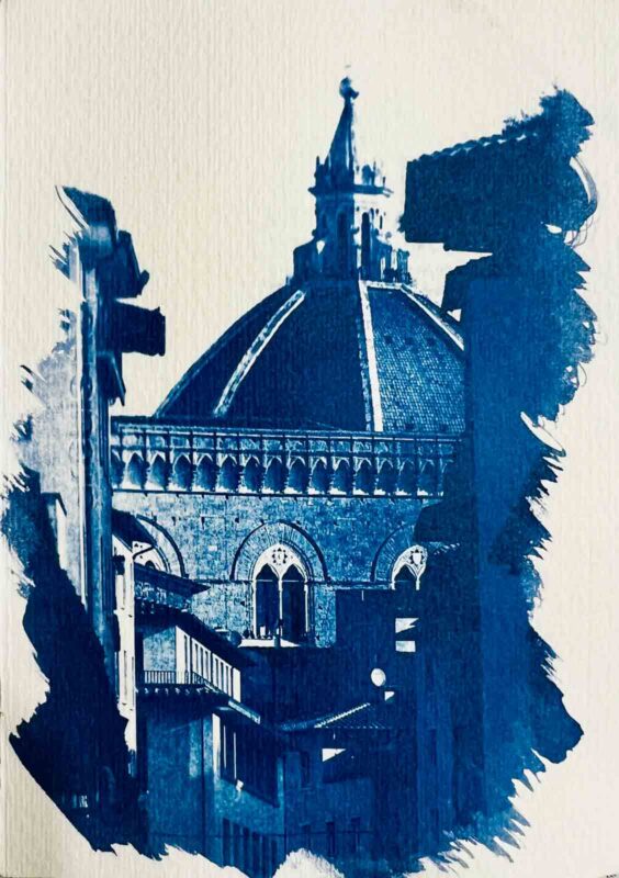 Finished cyanotype print of Florence cathedral in deep Prussian blue, handmade at the cyanotype workshop Florence, Fatacadabra