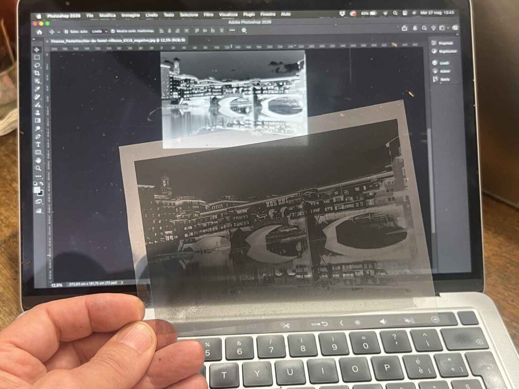 Preparing a Ponte Vecchio acetate negative in Photoshop during the cyanotype technique Florence session