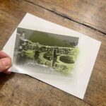 Acetate negative of Ponte Vecchio placed over emulsion-coated paper at a cyanotype printing Florence session