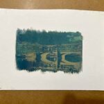 Finished teal blue cyanotype print of Ponte Vecchio from an analogue photography Florence session at Fatacadabra
