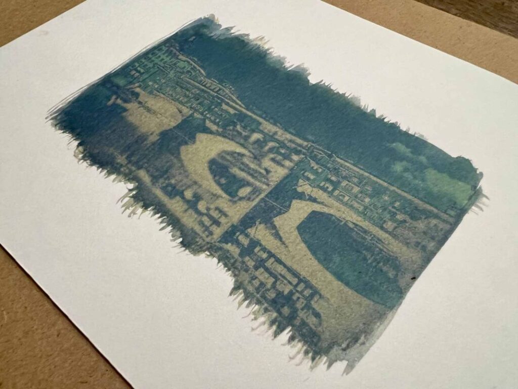 Handmade cyanotype print of Ponte Vecchio arches from the alternative photography Florence workshop