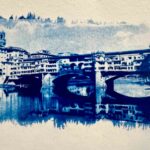 Deep blue cyanotype print of Ponte Vecchio on textured paper, result of the cyanotype workshop Florence