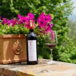 Bottle of Torci Brencoli Chianti Classico DOCG and a glass of red wine on a stone terrace, part of a private wine tour tuscany departing from Florence.