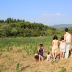 Woman and three children with farm dogs looking over green Tuscan fields, an evening of Tuscany with kids in the countryside.